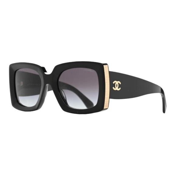 Chanel 5435-A Black Acetate Square Sunglasses with Gold CC Logo - Picture 1 of 13